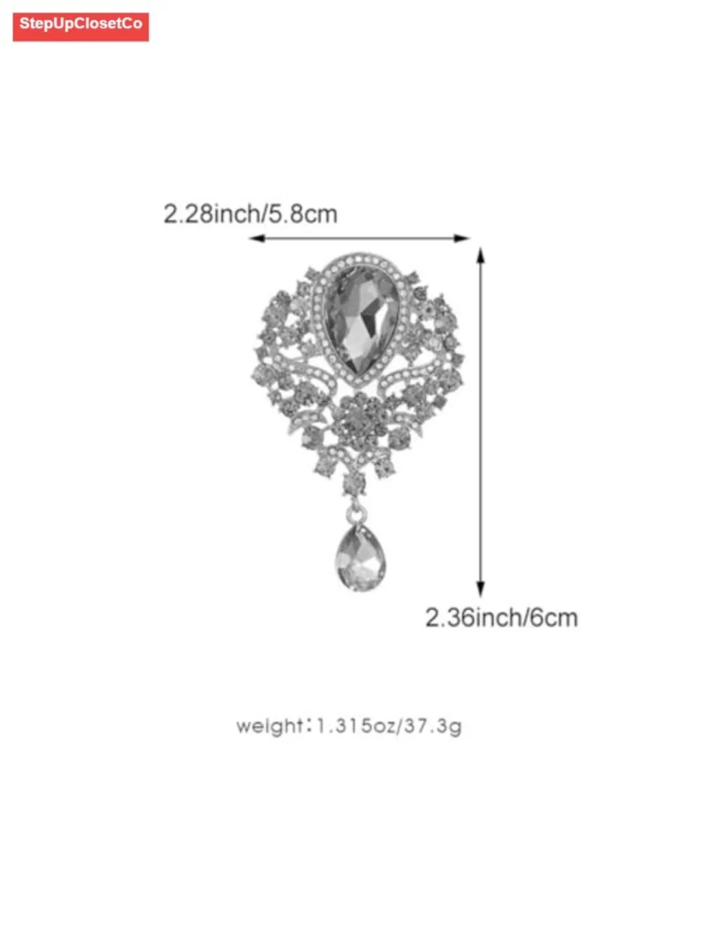 Vintage Floral Filigree Brooch with Teardrop Crystal Dangle, Baroque Statement